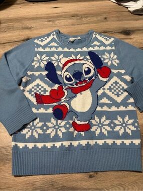 Light Blue Holiday Stitch Knit Sweater with Festive Character- Med